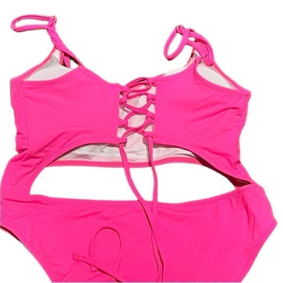 Meyeeka Front Cut Out Lace Up Back Hot Pink Swimsuit, Size L, NWT - Picture 5 of 10